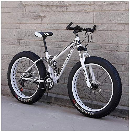 Fat Tyre Mountain Bike : HQQ Adult Mountain Bikes, Fat Tire Dual Disc Brake Hardtail Mountain Bike, Big Wheels Bicycle, High-carbon Steel Frame (Color : New White, Size : 26 Inch 27 Speed)