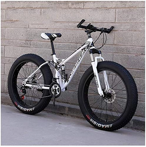 Fat Tyre Mountain Bike : HQQ Adult Mountain Bikes, Fat Tire Dual Disc Brake Hardtail Mountain Bike, Big Wheels Bicycle, High-carbon Steel Frame (Color : White, Size : 26 Inch 21 Speed)