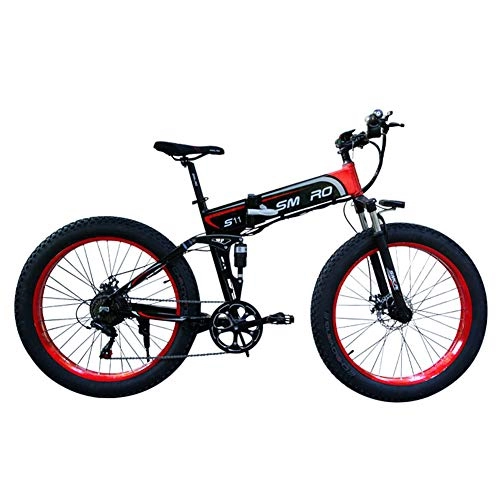 Fat Tyre Mountain Bike : HWOEK 26 Inches Folding Fat Tire Electric Bike, 350W Motor Adult Electric Mountain Bike Removable 48V / 10Ah Battery 7 Speed Aluminum Frame, black red