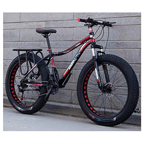 Fat Tyre Mountain Bike : HWOEK Adults Snow Beach Bicycle, Double Disc Brake 24 / 26 Inch All Terrain Mountain Bike 4.0 Fat Tires Adjustable Seat, black red, A 27 speed