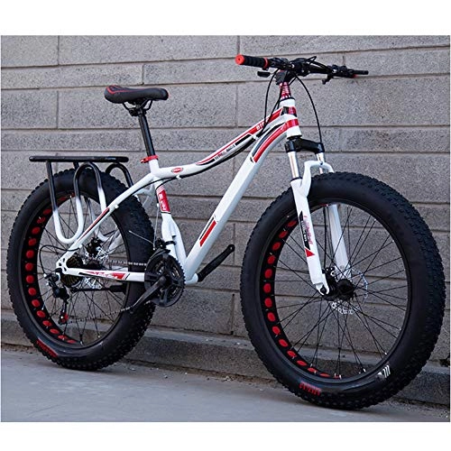 Fat Tyre Mountain Bike : HWOEK Adults Snow Beach Bicycle, Double Disc Brake 24 / 26 Inch All Terrain Mountain Bike 4.0 Fat Tires Adjustable Seat, white red, A 21 speed