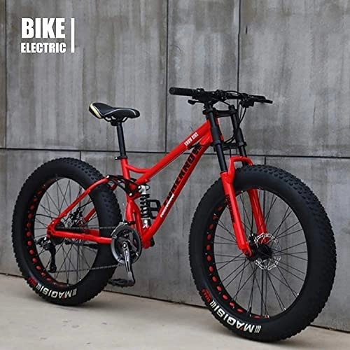 Fat Tyre Mountain Bike : J&LILI Mountain Bike, 26 Inches (66 Cm), MJH-01, Adult, Fat Tire Bike, 21-Speed Bicycle, Carbon Steel Frame, Double Full Suspension, Double Disc Brake, Red
