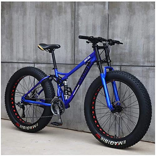 Fat Tyre Mountain Bike : JACK'S CAT 4 In Fat Tire 26-inch High Carbon Steel Mountain Bikes, Dual Disc Brake Full Suspension, Adult Mountain Trail Vehicle, Blue, 24 speed