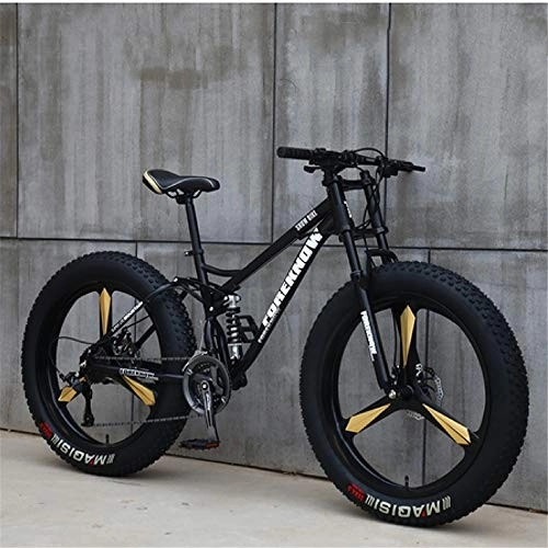 Fat Tyre Mountain Bike : JSY Black Three cutter wheel 26 inch off-road bicycles, fat tires high carbon steel suspension youth men and women mountain bikes, Adult Dual disc brake men and women mountain bikes (21-speed)