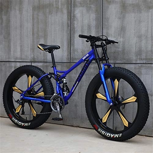 Fat Tyre Mountain Bike : JSY Blue Five cutter wheel 26 inch off-road bicycles, fat tires high carbon steel suspension youth men and women mountain bikes, Adult Dual disc brake men and women mountain bikes (21-speed)