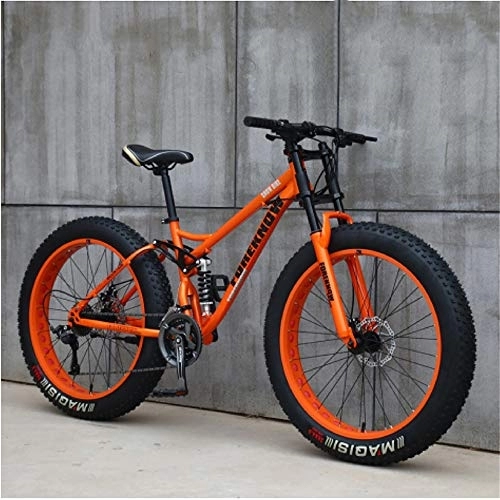 Fat Tyre Mountain Bike : JSY Orange Spoke wheel 26 inch off-road bicycles, fat tires high carbon steel suspension youth men and women mountain bikes, Adult Dual disc brake men and women mountain bikes (21-speed)