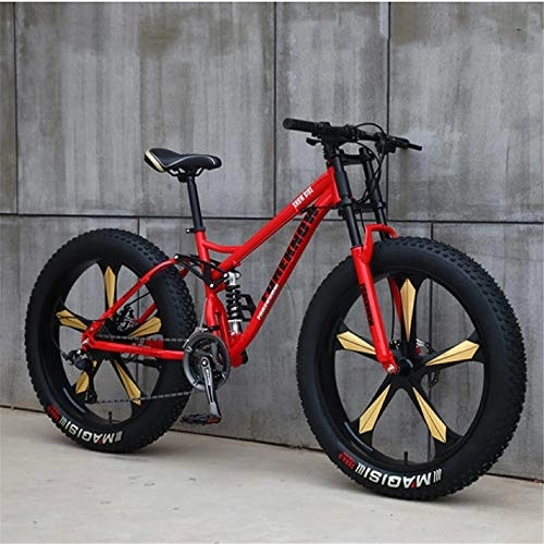 Fat Tyre Mountain Bike : JSY Red Five cutter wheel 26 inch off-road bicycles, fat tires high carbon steel suspension youth men and women mountain bikes, Adult Dual disc brake men and women mountain bikes (24-speed)