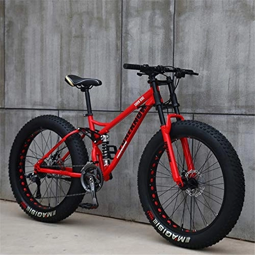 Fat Tyre Mountain Bike : JSY Red Spoke wheel 26 inch off-road bicycles, fat tires high carbon steel suspension youth men and women mountain bikes, Adult Dual disc brake men and women mountain bikes (21-speed)