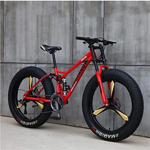 Fat Tyre Mountain Bike : JSY Red Three cutter wheel 26 inch off-road bicycles, fat tires high carbon steel suspension youth men and women mountain bikes, Adult Dual disc brake men and women mountain bikes (21-speed)