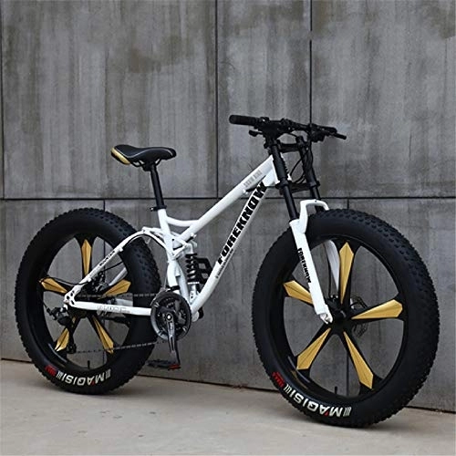 Fat Tyre Mountain Bike : JSY White Five cutter wheel 26 inch off-road bicycles, fat tires high carbon steel suspension youth men and women mountain bikes, Adult Dual disc brake men and women mountain bikes (21-speed)