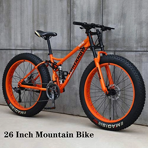 Fat Tyre Mountain Bike : KKJKK Mountain Bikes, 24" 26 Inch Fat Tire Hardtail Mountain Bike High-Carbon Steel Hardtail Mountain Bike Fat Wheel Motorbike Fat Bike, 21speed, Orange, 26IN