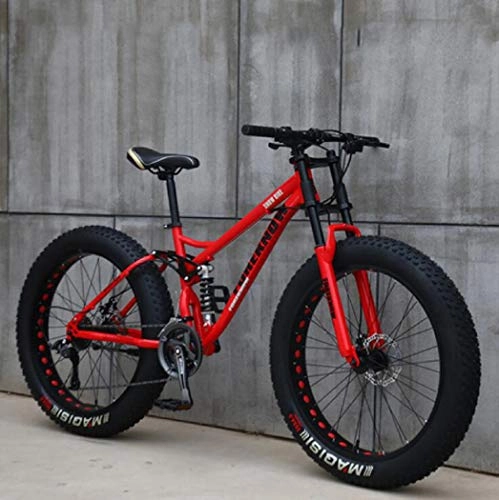 Fat Tyre Mountain Bike : Langlin 24" / 26" Mountain Bike Bicycle for Adult Teen High Carbon Steel Frame Soft Tail Dual Suspension Double Disc Brake Beach Snowmobile All Terrain MTB, red, 24" 21 speed