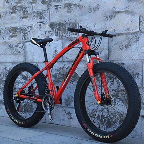 Fat Tyre Mountain Bike : Langlin 26 Inch Hardtail Mountain Bike for Adults High Carbon Steel Frame Full Suspension Spring Fork Double Disc Brake Beach Snow Fat Tire Bike, red, 26" 27 speed
