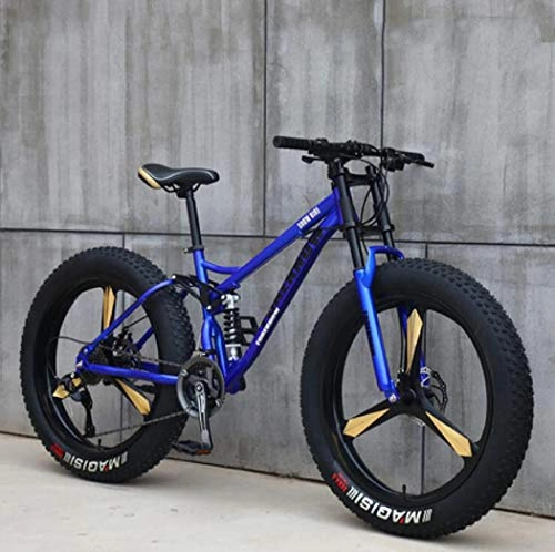 Fat Tyre Mountain Bike : Langlin 26" Mountain Bike Bicycle for Adult Variable Speed Offroad Mountain Bike High Carbon Steel Frame Shock-absorbing Front Fork Double Disc Brake Bikes, blue, 27 speed