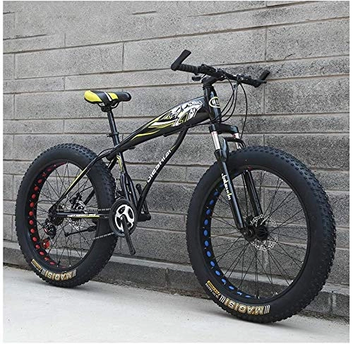 Fat Tyre Mountain Bike : LEYOUDIAN Adult Mountain Bikes, Boys Girls Fat Tire Mountain Trail Bike, Dual Disc Brake Hardtail Mountain Bike, High-carbon Steel Frame, Bicycle (Color : Yellow C, Size : 24 Inch 27 Speed)
