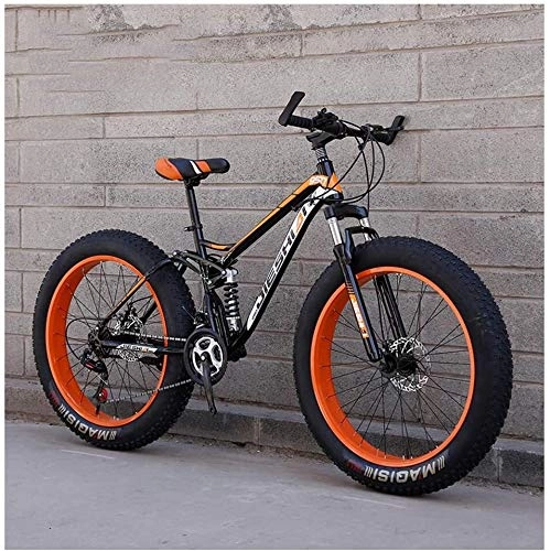 Fat Tyre Mountain Bike : LEYOUDIAN Adult Mountain Bikes, Fat Tire Dual Disc Brake Hardtail Mountain Bike, Big Wheels Bicycle, High-carbon Steel Frame (Color : Orange, Size : 24 Inch 21 Speed)