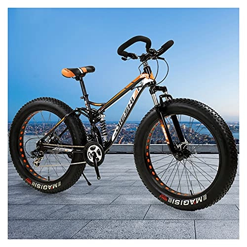 Fat Tyre Mountain Bike : LHQ-HQ Fat Tire Mountain Bike 24" Wheel 4" Wide Tires 7 Speed Dual Disc Brake Dual-Suspension Butterfly Handlebar Bicycle for Adult Teen, E