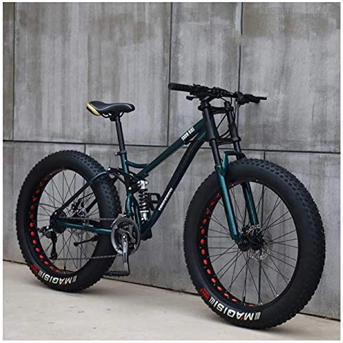Fat Tyre Mountain Bike : LINGYUN 26 Inch Fat Tire Bike, Mountain Bike Mtb, Bike with Disc Brakes, Carbon Steel Frame, Mtb Bike for Men and Women, 9 Free Riding Gear, Green, 24