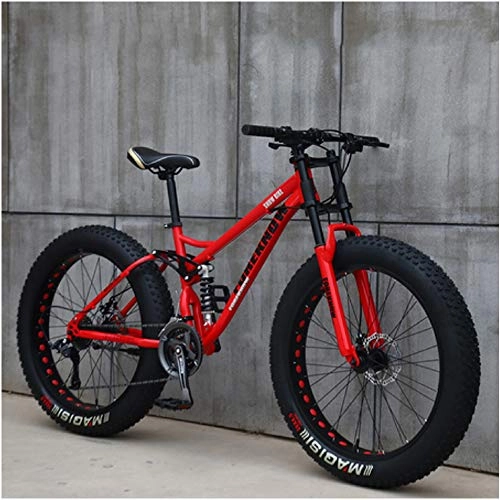 Fat Tyre Mountain Bike : Liu Yue 24 Inch Adult Mountain Bikes, Fat Tire Dual-Suspension Mountain Bike, Men's Womens Mountain Bicycle with Dual Disc Brake, Red, 21 Speed