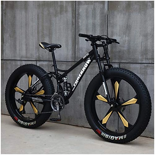 Fat Tyre Mountain Bike : Liu Yue Adult 26 Inch Mountain Bikes, Men's Womens Fat Tire Dual-Suspension Mountain Bike, Dual Disc Brake Mountain Bicycle, High-carbon Steel Frame, Black 5 Spokes, 27 Speed