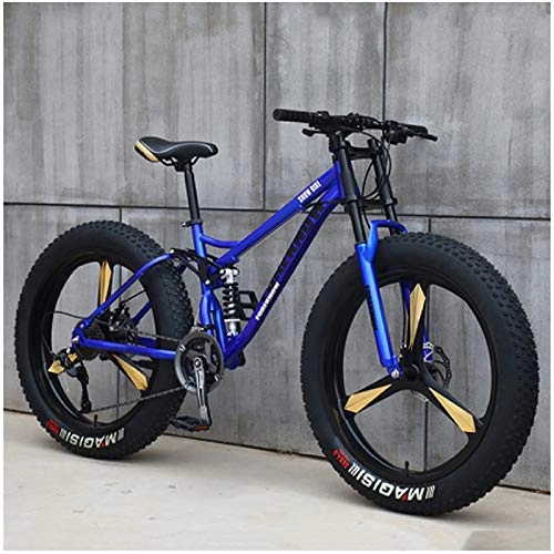 Fat Tyre Mountain Bike : Liu Yue Adult 26 Inch Mountain Bikes, Men's Womens Fat Tire Dual-Suspension Mountain Bike, Dual Disc Brake Mountain Bicycle, High-carbon Steel Frame, Blue 3 Spokes, 21 Speed