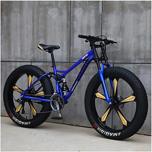 Fat Tyre Mountain Bike : Liu Yue Adult 26 Inch Mountain Bikes, Men's Womens Fat Tire Dual-Suspension Mountain Bike, Dual Disc Brake Mountain Bicycle, High-carbon Steel Frame, Blue 5 Spokes, 7 Speed