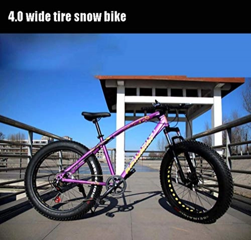 Fat Tyre Mountain Bike : LJ Bicycle, 24 inch Adult Fat Tire Mountain Bike, Double Disc Brake Snow Bicycle, High-Carbon Steel Frame Cruiser Bikes Mens, Aluminum Alloy Rims Wheels Beach Bicycles, Gold, 27 Speed, Purple, 7 Speed
