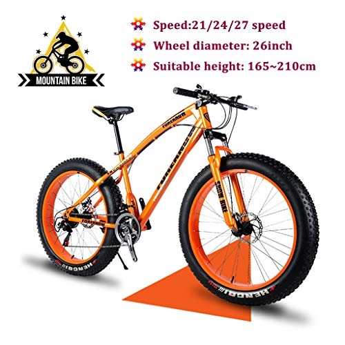 Fat Tyre Mountain Bike : Logo 26 Inch Fat Tire Hardtail Mountain Bike Gearshift Adjustable Seat Outdoor Bicycle Mountain Trail Bikes Adult Boys Girls Country Outroad Bicycles 21 / 24 / 27 Speed (Color : Orange, Size : 21 speed)