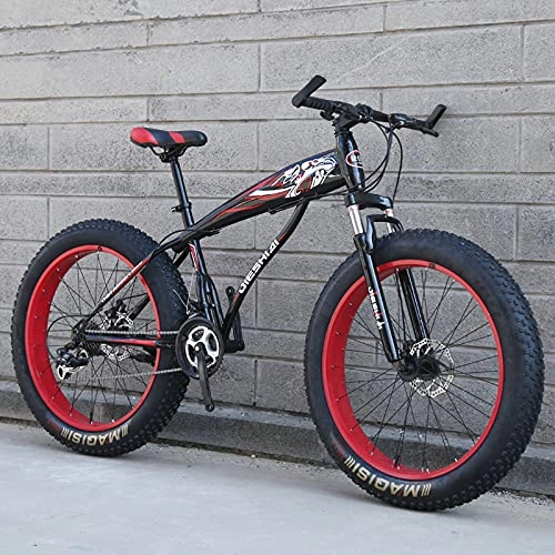 Fat Tyre Mountain Bike : LZHi1 24 Inch 27 Speed Fat Tire Mountain Bike With Lockable Suspension Fork, Adult Men Mountain Bikes With Dual Disc Brakes, High Carbon Steel Outdoor Beach Snow Road Bicycle(Color:Black red)