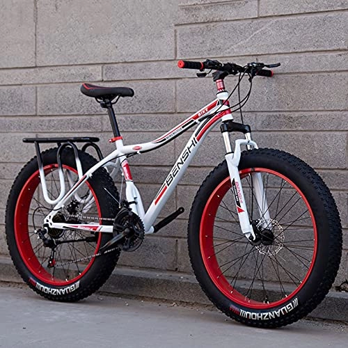 Fat Tyre Mountain Bike : LZHi1 24 Inch Fat Tire Men Mountain Bike, 27 Speed Suspension Fork Mountain Trail Bike With Dual Disc Brakes, High Carbon Steel Outdoor Adult Bikes For Beach Snow(Color:White red)