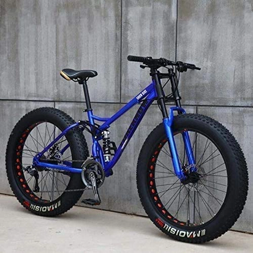 Fat Tyre Mountain Bike : MHUI Adult Mountain Bikes, 24 Inch Fat Tire Hardtail Mountain Bike, Dual Suspension Frame and Suspension Fork All Terrain Mountain Bike, 21Speed, Blue