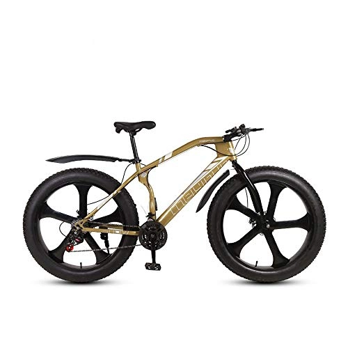 Fat Tyre Mountain Bike : MHUI Mountain Bikes, 26 Inch Fat Tire Hardtail Mountain Bike, Double Disc Brake Cruiser Bicycle, 5 Spoke, Gold, 26 inch 21 speed