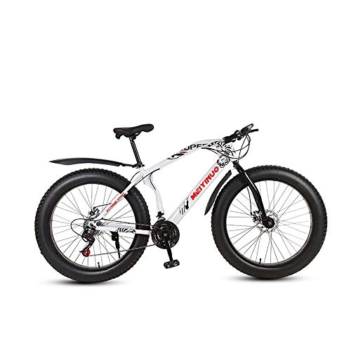 Fat Tyre Mountain Bike : MHUI Mountain Bikes, 26 Inch Fat Tire Hardtail Mountain Bike, Double Disc Brake Cruiser Bicycle, Lightweight High-Carbon Steel Frame, White, 26 inch 24 speed