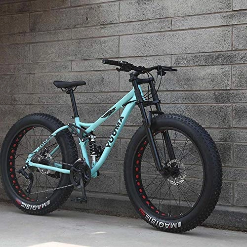 Fat Tyre Mountain Bike : MIAOYO Mountain Bikes, 26 Inch Fat Tire Hardtail Mountain Bike, Dual Suspension Frame and Suspension Fork, Lightweight High-Carbon Steel Frame, Aluminum Alloy Wheels, Blue, 21 speed