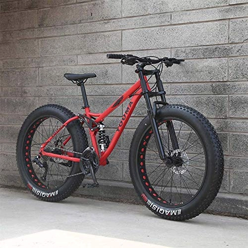 Fat Tyre Mountain Bike : MIAOYO Mountain Bikes, 26 Inch Fat Tire Hardtail Mountain Bike, Dual Suspension Frame and Suspension Fork, Lightweight High-Carbon Steel Frame, Aluminum Alloy Wheels, Red, 21 speed