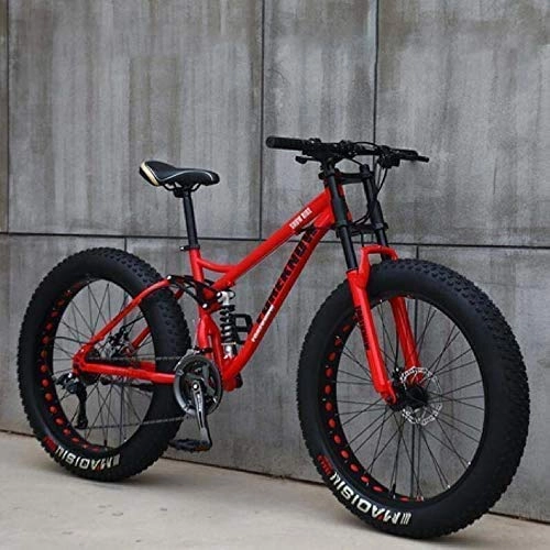 Fat Tyre Mountain Bike : MJY Adult Mountain Bikes, 24 inch Fat Tire Hardtail Mountain Bike, Dual Suspension Frame and Suspension Fork All Terrain Mountain Bike, Red, 7 Speed