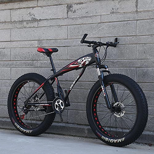 Fat Tyre Mountain Bike : Mountain Bike，26 Inch 27 Speed Snow Bicycle Adult Offroad Carbon Steel Frame Road Bicycle Men Woman Racing Ride Black red-B-7 spd
