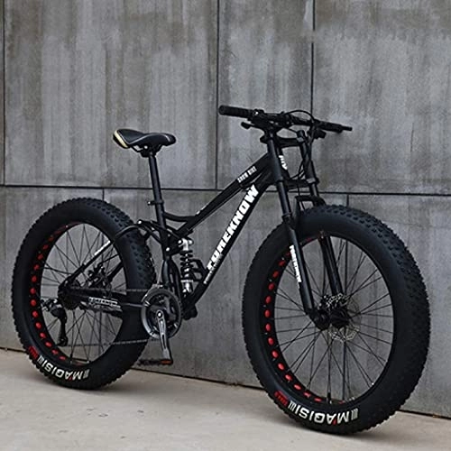 Fat Tyre Mountain Bike : Mountain Bike, 26-inch Adult Fat Tire Mountain Off-road Bike, 24-speed Bike, Carbon Steel Frame, Double Full Suspension, Double Disc Brakes black