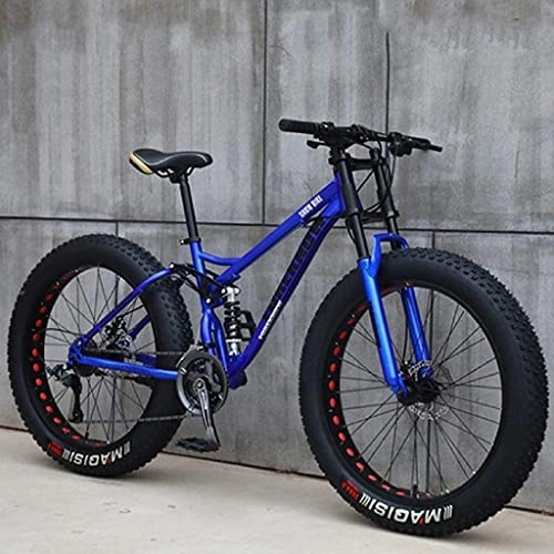 Fat Tyre Mountain Bike : Mountain Bike, 26-inch Adult Fat Tire Mountain Off-road Bike, 24-speed Bike, Carbon Steel Frame, Double Full Suspension, Double Disc Brakes blue