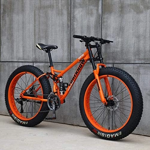 Fat Tyre Mountain Bike : Mountain Bike, Adult Fat Tire Mountain Off-road Bike, 26-inch, 24-speed Bicycle, Carbon Steel Frame, Double Full Suspension, Double Disc Brakes orange