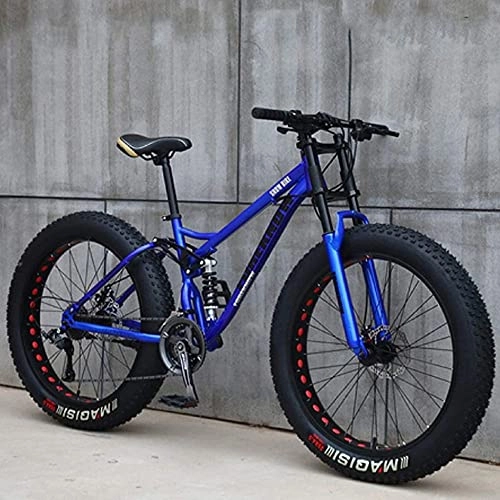Fat Tyre Mountain Bike : Mountain Bikes 26 Inch, Adult Fat Tire Mountain Trail Bike, 24 Speed Bicycle, High-Carbon Steel Frame Dual Full Suspension Dual Disc Brake, Blue