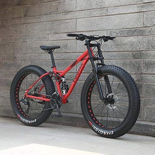 Fat Tyre Mountain Bike : Mzq-yq Mountain Bike Bicycle for Adults, Deceleration Spring Front Fork, High Carbon Steel Frame, Dual Disc Brake And Front Full Suspension Fork, Red, 21speed