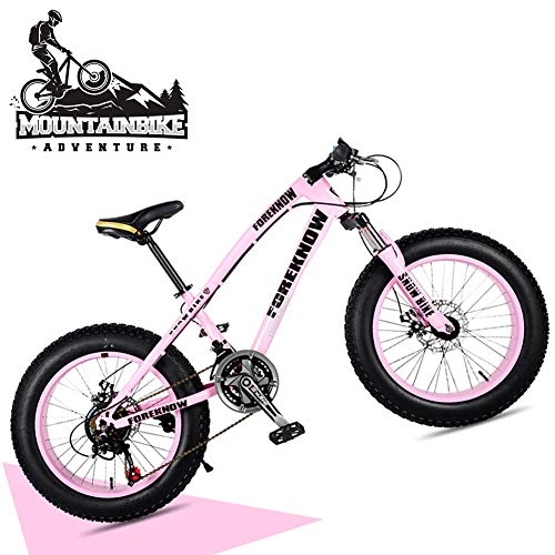 Fat Tyre Mountain Bike : NENGGE 20 Inch Hardtail Mountain Bike with Front Suspension & Mechanical Disc Brakes for Women, Off-Road Fat Tire Mountain Bicycle Adjustable Seat in 8 Colors, Anti-Slip Bikes, Pink, 21 Speed