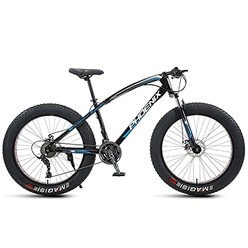 Fat Tyre Mountain Bike : NENGGE 24 Inch Mountain Bike for Boys, Girls, Mens and Womens, Adult Fat Tire Mountain Bicycle, Carbon Steel Beach Snow Outdoor Bike, Hardtail, Disc Brakes, Blue, 7 Speed