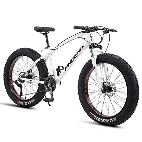 Fat Tyre Mountain Bike : NENGGE 24 Inch Mountain Bike for Boys, Girls, Mens and Womens, Adult Fat Tire Mountain Bicycle, Carbon Steel Beach Snow Outdoor Bike, Hardtail, Disc Brakes, White, 21 Speed