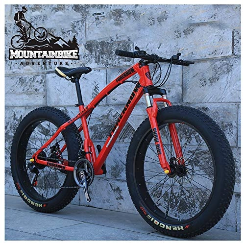 Fat Tyre Mountain Bike : NENGGE 24 Inch Mountain Trail Bike with Fat Tire, Adults Men Women Hardtail Mountain Bikes with Front Suspension Mechanical Disc Brakes, Anti-Slip Carbon Steel Mountain Bicycle, Red, 7 Speed