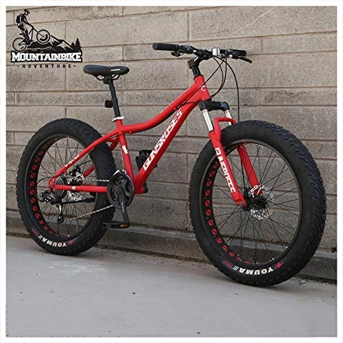 Fat Tyre Mountain Bike : NENGGE 26 Inch Hardtail Mountain Bike Fat Tire Mountain Trail Bike for Adults Men Women, Mechanical Disc Brakes Mountain Bicycle with Front Suspension, High-carbon Steel, Red Spoke, 24 Speed