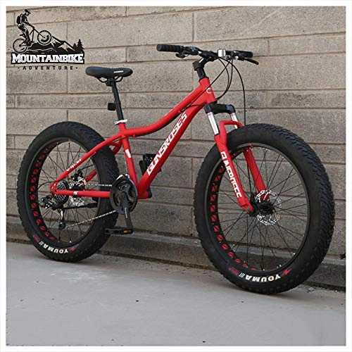 Fat Tyre Mountain Bike : NENGGE 26 Inch Hardtail Mountain Bike Fat Tire Mountain Trail Bike for Adults Men Women, Mechanical Disc Brakes Mountain Bicycle with Front Suspension, High-carbon Steel, Red Spoke, 27 Speed