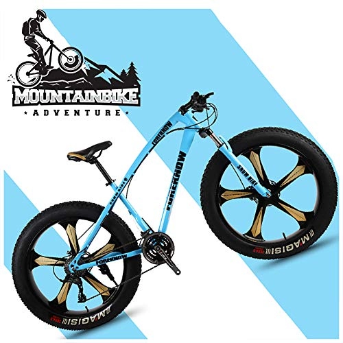 Fat Tyre Mountain Bike : NENGGE 26 Inch Hardtail Mountain Bikes with Fat Tire for Adults Men Women, Mountain Trail Bike with Front Suspension Disc Brakes, High-Carbon Steel Mountain Bicycle, Blue 5 Spoke, 21 Speed