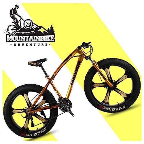 Fat Tyre Mountain Bike : NENGGE 26 Inch Hardtail Mountain Bikes with Fat Tire for Adults Men Women, Mountain Trail Bike with Front Suspension Disc Brakes, High-Carbon Steel Mountain Bicycle, Gold 5 Spoke, 24 Speed